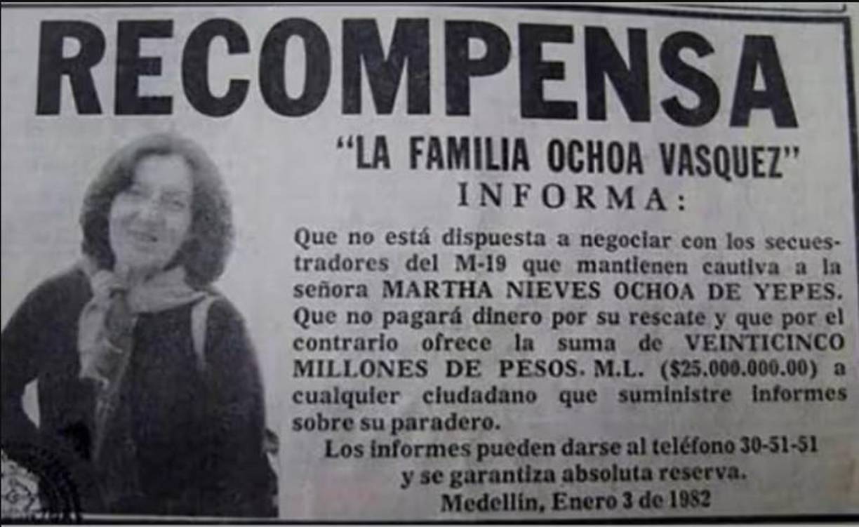 Martha Ochoa fue parte crucial de la primera oleada de violencia que se registró en los 80 en Colombia, ya que fue secuestrada por el ELN en 1982, motivo por el que se creó el grupo criminal <i>Muerte a Secuestradores</i> (MAS) que tenía como objetivo combatir a los grupos guerrilleros en Colombia.