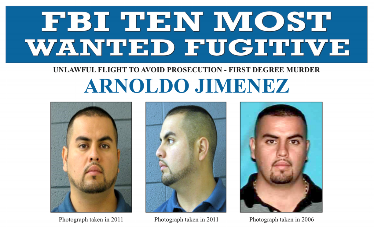 Jiménez está añadido en el listado de los 10 prófugos más buscados por el FBI. Enfrenta cargos de homicidio agravado en el condado de Cook, Illinois, y cargos federales de una huida ilegal para evitar ser procesado.