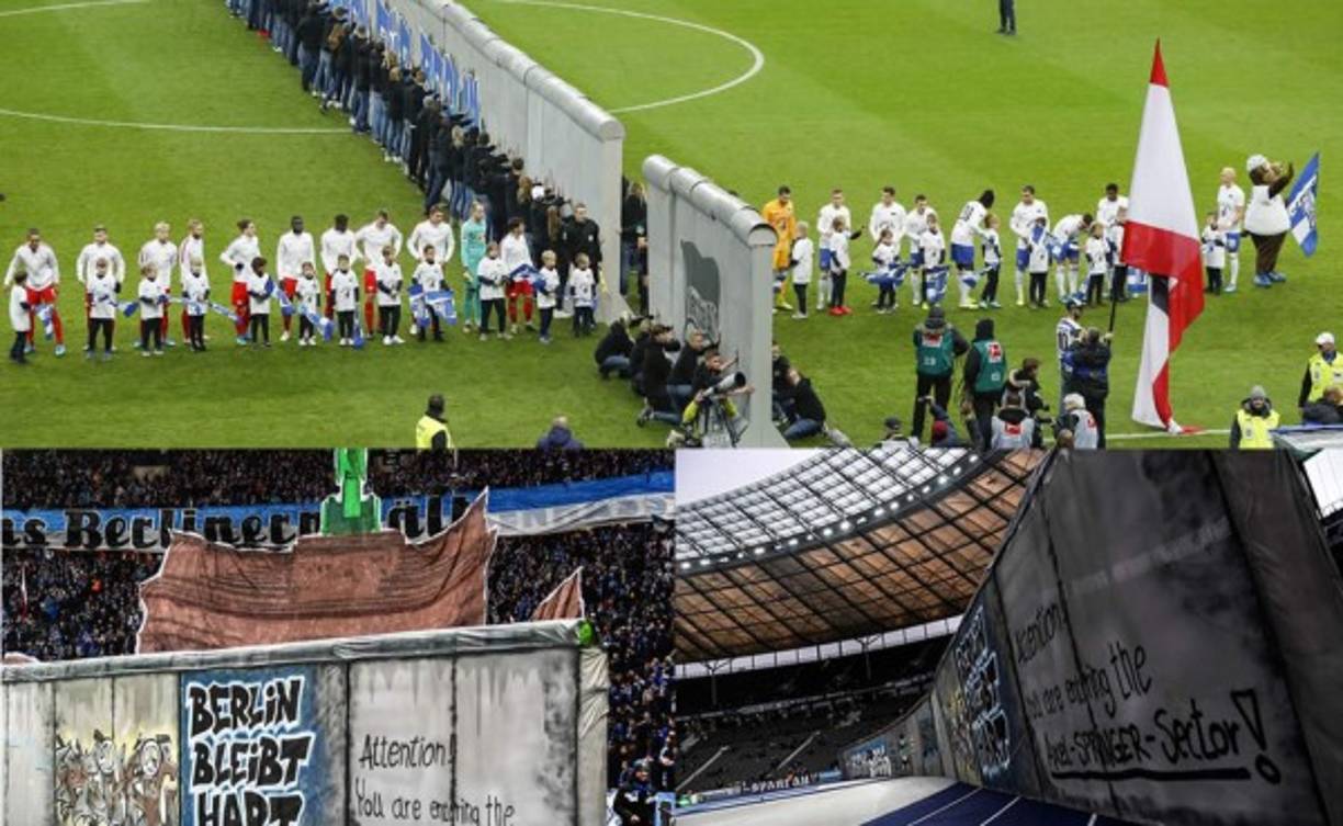 Una réplica impresionante del Muro de Berlín se desplegó este sábado a lo largo de la línea media del estadio Olímpico de Berlín, para conmemorar el 30º aniversario de su caída. Fotos AFP y EFE