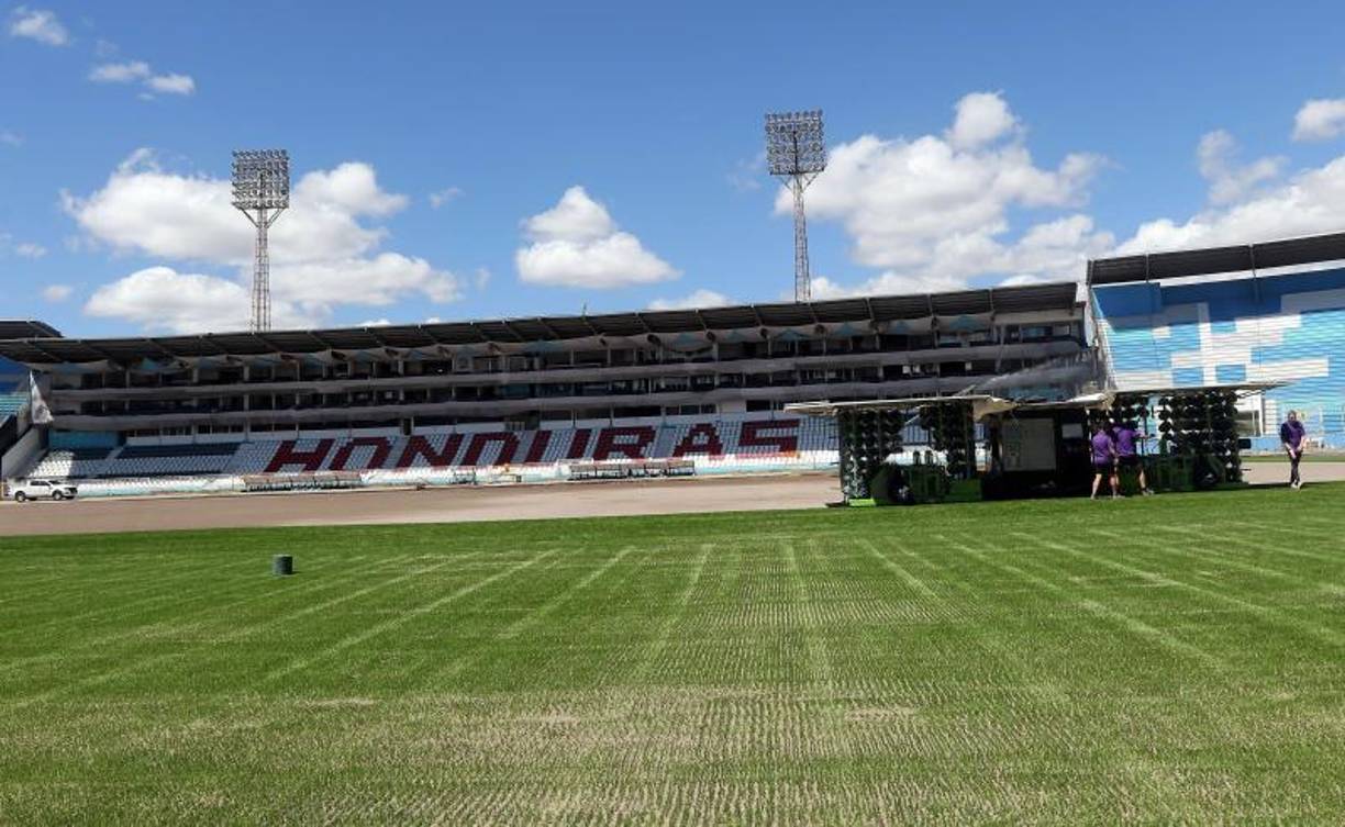 Al igual que la zona que ya fue cosida, las parte que aún no se ha hecho también se mantiene con riego permanente para la germinación del césped natural.