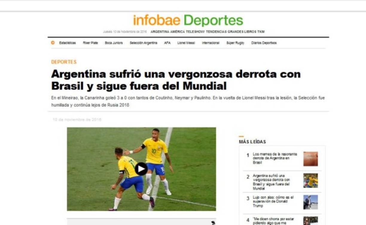 Infobae: 'Argentina sufrió una vergonzosa derrota con Brasil y sigue fuera del Mundial'.