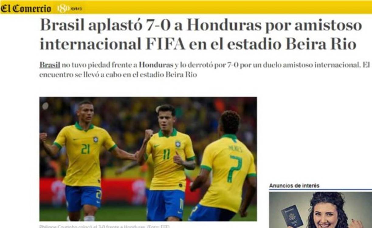 Diario El Comercio de Perú - 'Brasil aplastó 7-0 a Honduras por amistoso internacional FIFA en el estadio Beira Rio. Brasil no tuvo piedad frente a Honduras'.