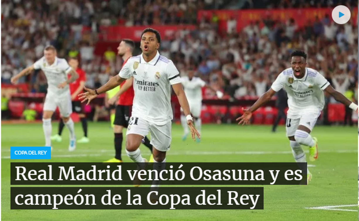 TYC Sports de Argentina: “Real Madrid derrotó a Osasuna y se consagró campeón de la Copa del Rey”.