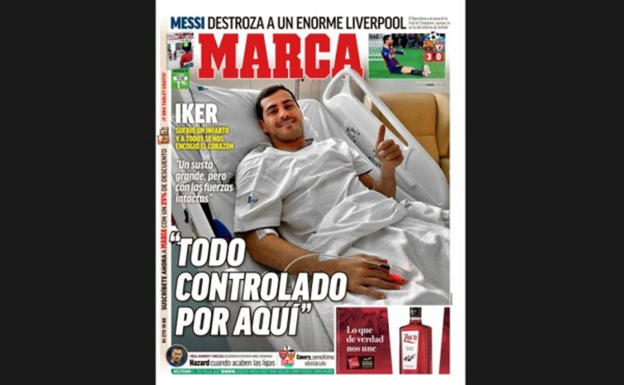 Aunque marca destacó la salud de Iker Casillas, portero campeón del mundo, mencionó que 'Messi destroza a un enorme Liverpool.