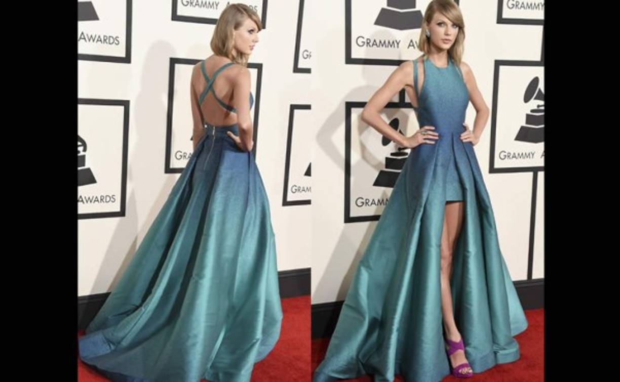 La tres veces nominada Taylor Swift se distanció del resto y llevó un vestido muy elegante entre azul y verde de Elie Saab.