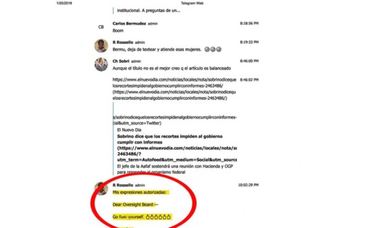 'Dear Oversight Board… Go F*** Yourself… Sincerely R2 (Estimada Junta de Control Fiscal… Vete al c***… Atentamente, R2)'. El mensaje del gobernador iba contra el ente formado por el Congreso de Estados Unidos para supervisar las finanzas de Puerto Rico, que está en quiebra desde hace años.