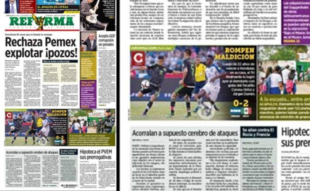 Diario Reforma se queda con el titulo: 'Rompen maldición'. 'El tri finalmente lo logró'.