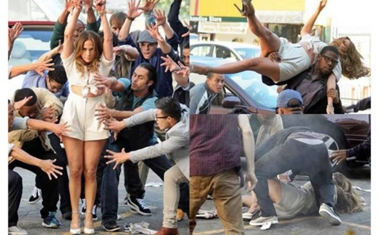 Jennifer López también se cayó en la grabación de su video 'Papi'.