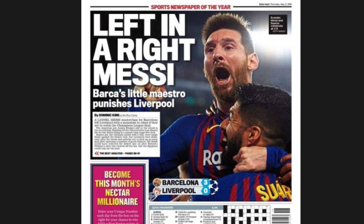 ¡De izquiera a derecha Messi!! Así lo destacó Sport Newspaper of the Year.