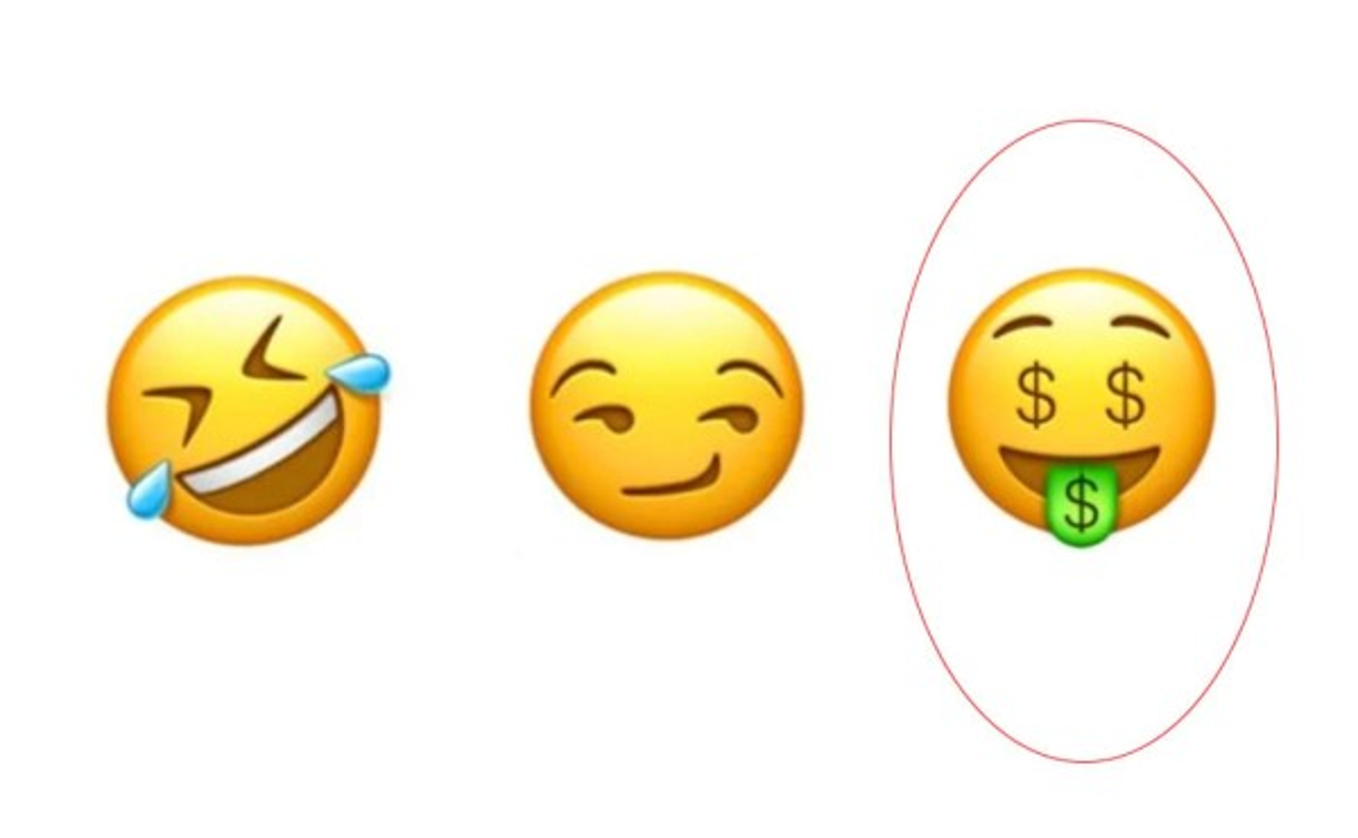 Emoji cara de dinero en los ojos<br/>Este emoticono consta de una cara amarilla con las cejas arqueadas, un signo de dólar en cada ojo, y una sonrisa abierta con la lengua de fuera al estilo de un billete de dólar verde. Este emoji se usa cuando recién obtuviste una gran cantidad de dinero o una buena oportunidad financiera.<br/>