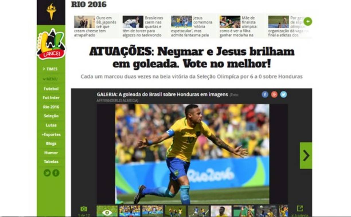 Diario Lance!: 'Neymar y Gabriel Jesús brillan en goleada. Cada uno anotaron dos veces en la hermosa victoria del equipo olímpico por 6-0 sobre Honduras'.