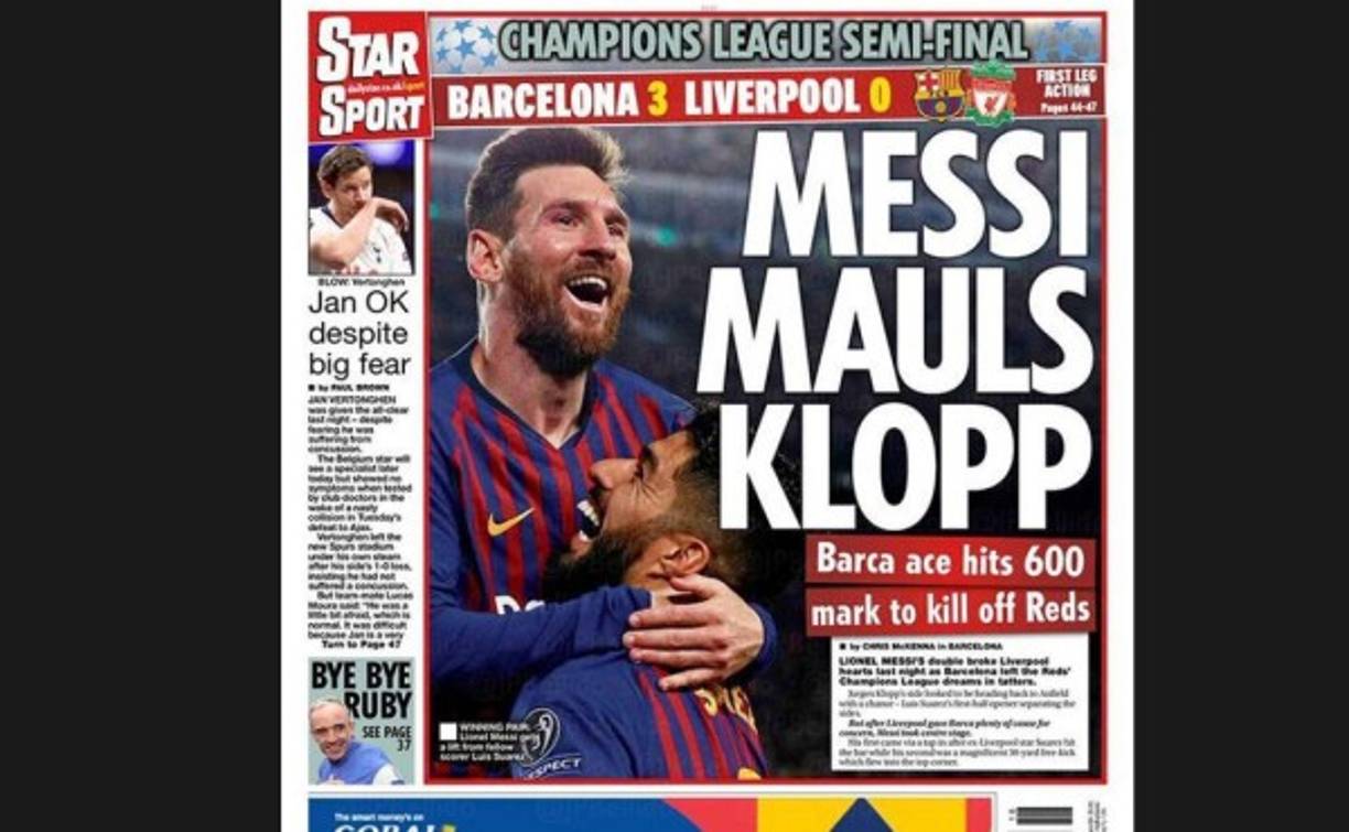 En la portada de Star Sport destacaron a Messi por sobre el entrenador de Liverpool, Jurgen Klopp que aseguró que el Camp Nou era un estadio más.