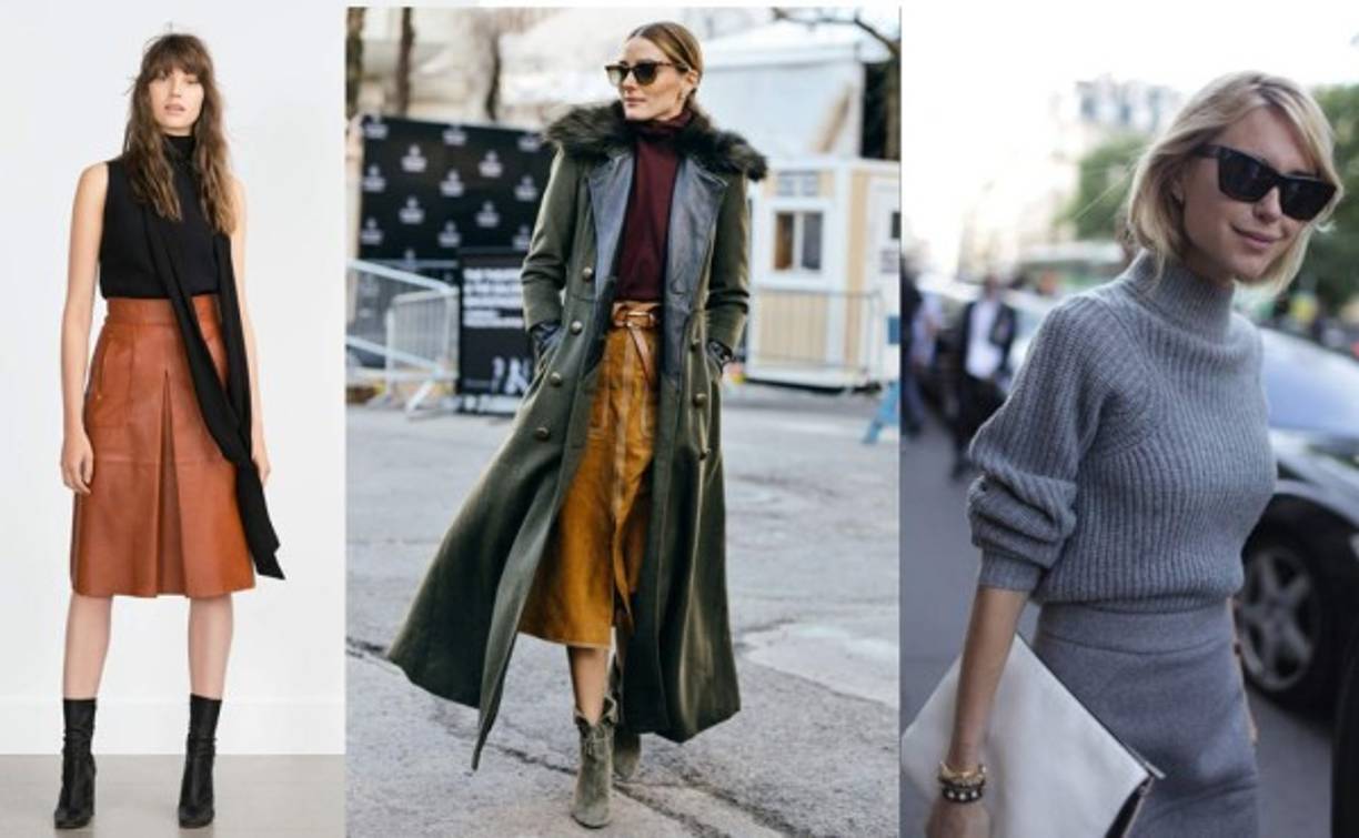 Tres modernas maneras de lucir una blusa o jersey con cuello alto. Las faldas tubo o midi con botines te harán ver muy sofisticada. Así mismo, si usas un look en capas como el que lleva Olivia Palermo con 'trench coat'.