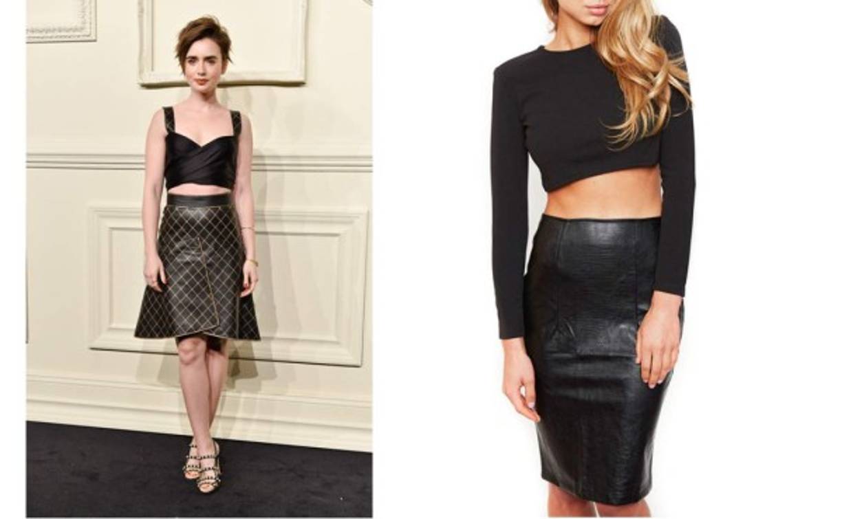 4. Falda de cuero. Versión normal, tubo o en Corte A como el que lleva puesta la actriz Lily Collins.