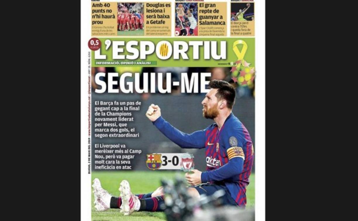 L' Esportiu de Cataluña destacó el gran papel del argentino en la cancha de Barcelona asegurando que acarician la final de la Champions League.