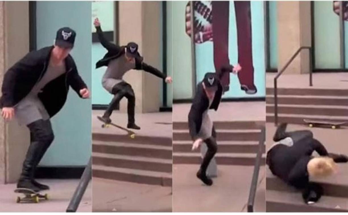 Justin Bieber no pudo dominar su patín y cayó de bruces en el suelo.