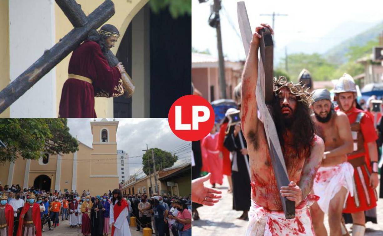 Luego de que el covid-19 detuviera por dos años las actividades de Semana Santa de la Iglesia Católica, este viernes Santo se inició con la procesión del Viacrucis en diferentes ciudades de Honduras. Fotos: La Prensa / Cortesía. 