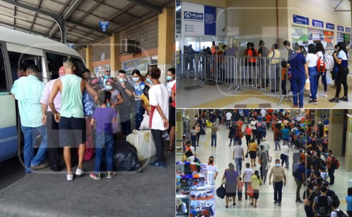 La Central Metropolitana de Buses lució abarrotada por viajeros que desde temprano emprendieron viaje rumbo a sus pueblos o diferentes destinos turísticos de Honduras. Fotos: Franklyn Muñoz y Moisés Valenzuela.