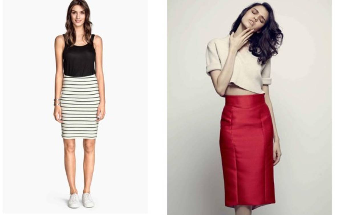 2. Falda lápiz. Las versiones de un solo tono o estampadas.