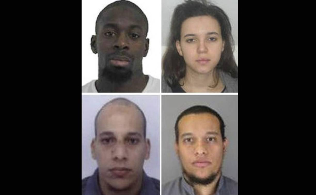 Aarriba a la izquierda el supuesto autor de la toma de rehenes en un supermercado de París y su compañera Hayat Boumeddiene. En las otras imágenes los principales sospechosos de la masacre en el 'Charlie Hebdo'.