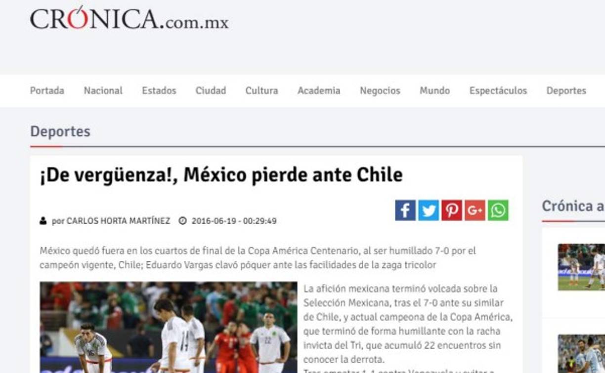 Diario Cronica de México, tituló en su web; '¡De verguenza!, Méxic pierde ante Chile'.