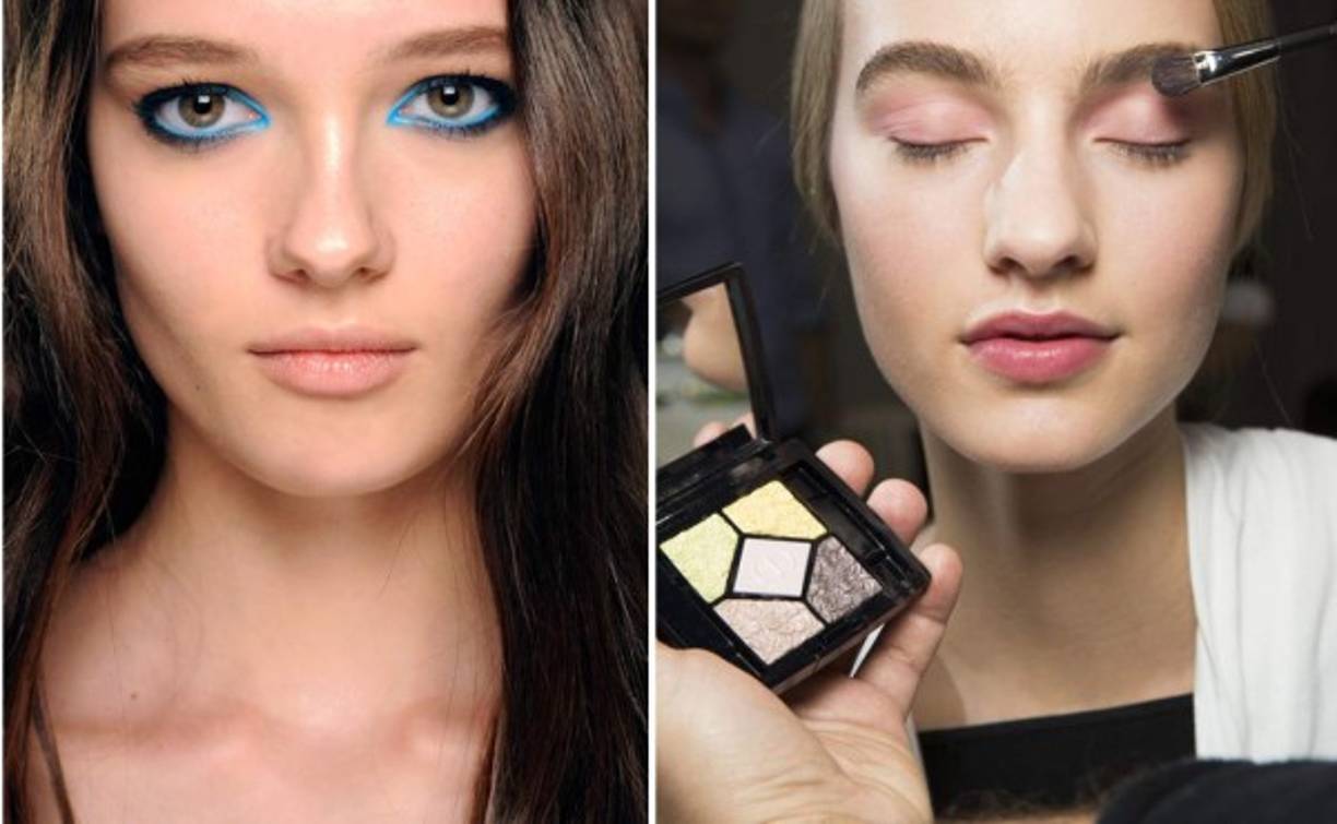 El delineado de ojos en azul resalta de esta tendencia nude.Contrasta con el delineado rosa con sombras rosadas y labios del mismo tono de Dior.