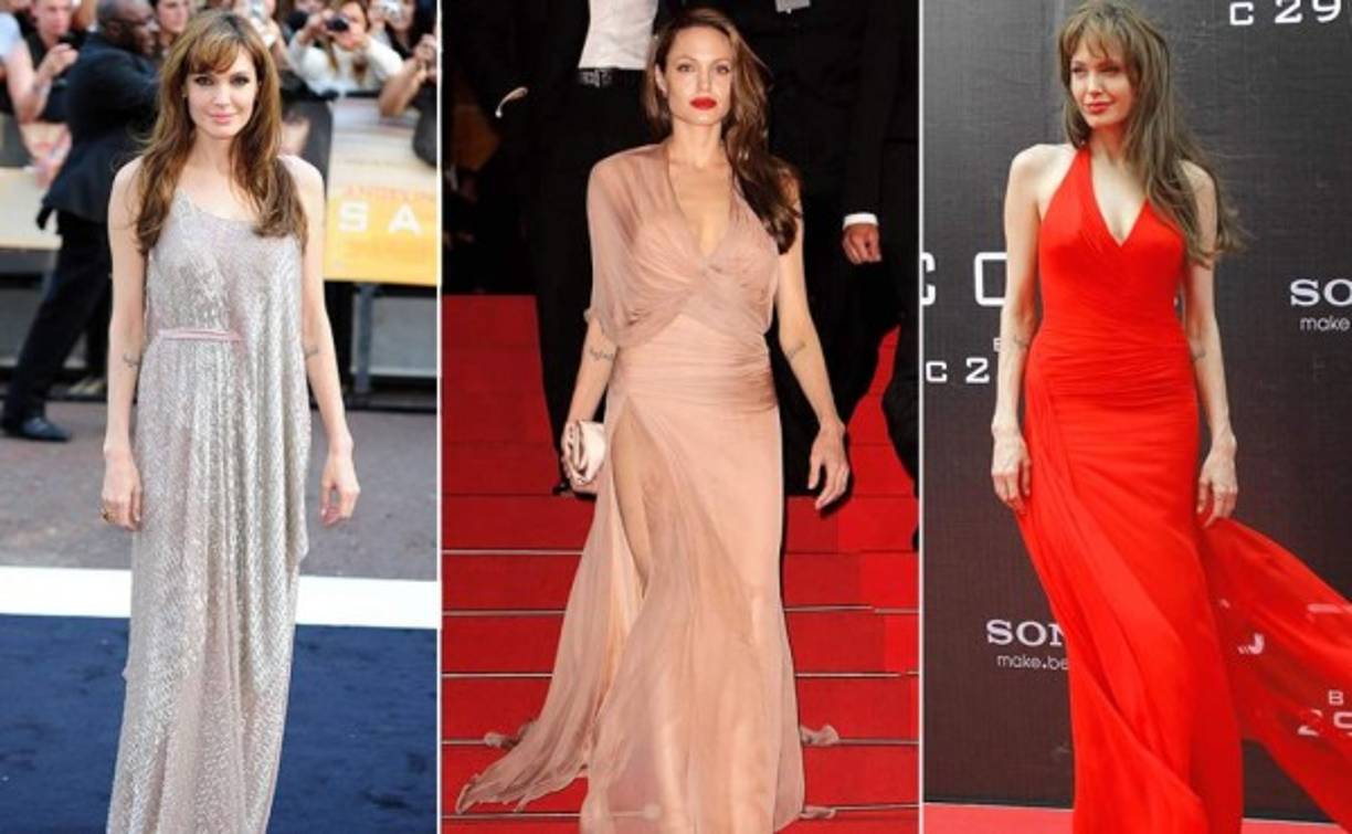 Y así fue como nos encontramos con una Angelina que disfruta con vestidos largos con asimetrías, drapeados y pronunciados escotes.