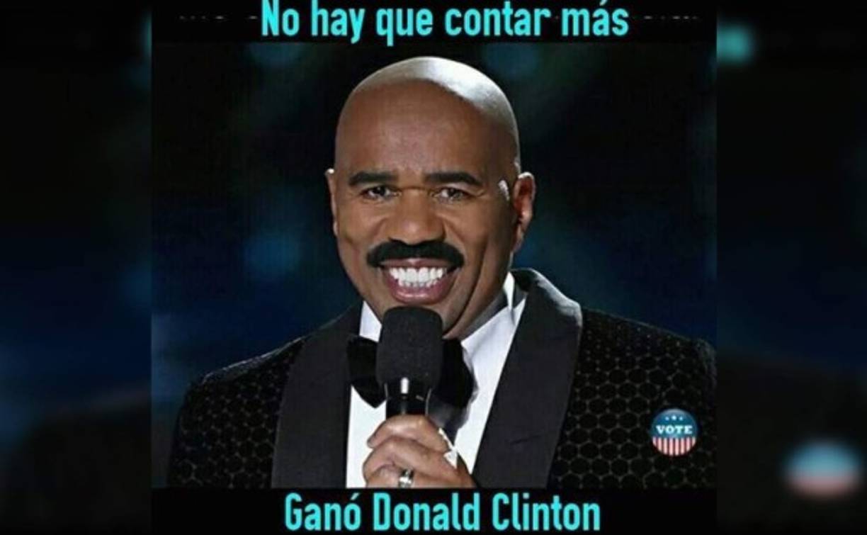 El mundo contiene el aliento mientras los estadounidenses eligen a su próximo presidente entre Hillary Clinton y Donald Trump. Por supuesto, los usuarios de Facebook y Twitter ya encontraron la manera de entretenerse con los imperdibles memes mientras comienzan a llegar los primeros resultados. No podía faltar Steve Harvey.