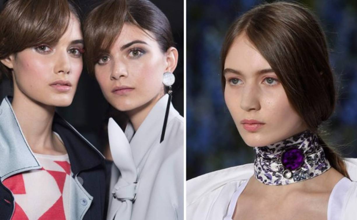 Giorgio Armani, izquierda, por medios de pestañas postizas acentuadas con rímel de color vino busca acentuar la mirada femenina este 2016. Dior, derecha, solo brinda un sutil toque rosa.