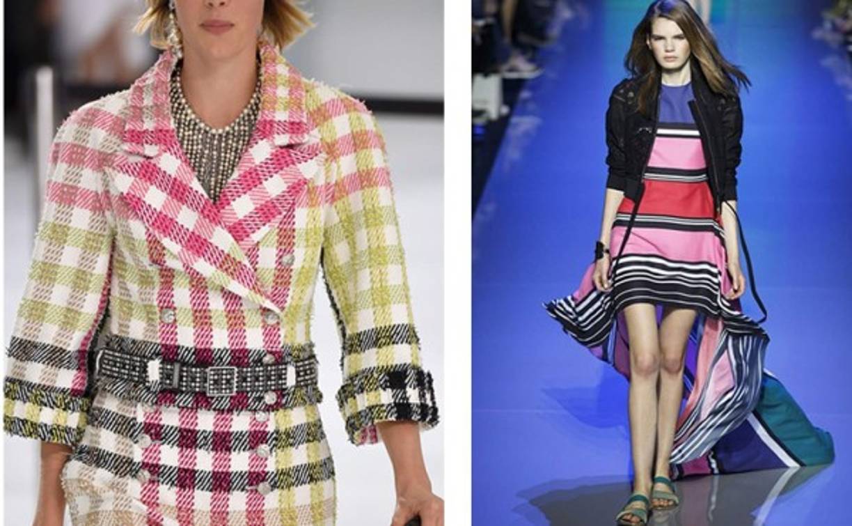 Mezclar el rosa con otras tonalidades no ha sido problema para Chanel, que lo hizo en print tartán o cuadros; Elie Saab, por su parte, lo propone a rayas con tonos vibrantes como el rojo, azul con los neutrales blanco y negro.