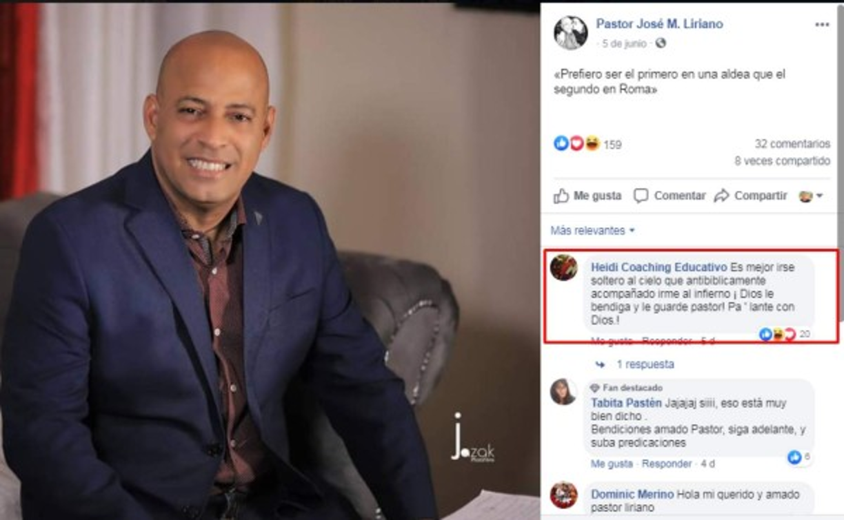 Por si fuera poco, la publicación del pastor Liriano provocó una ola de comentarios irónicos hacia el nuevo esposo de la pastora Yesenia Then.