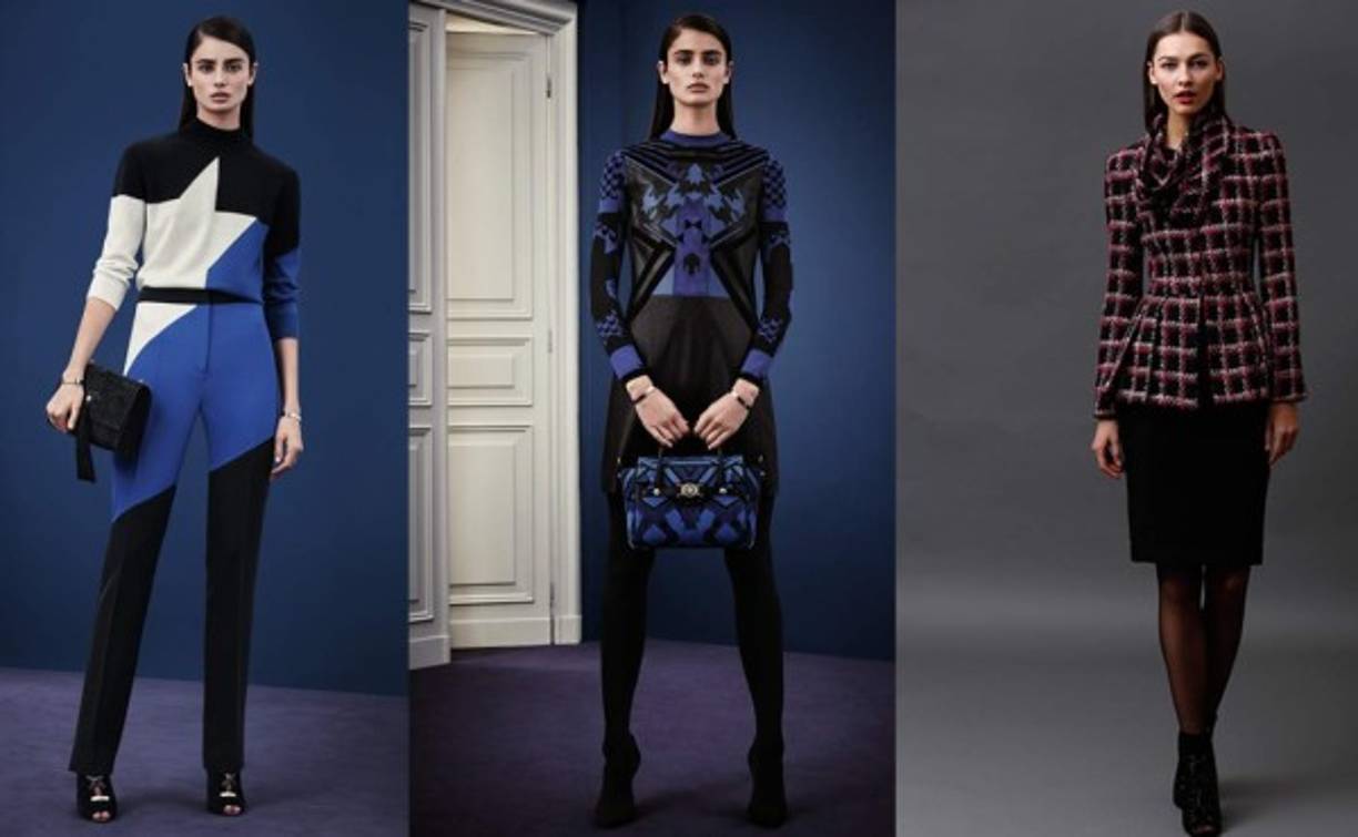 El azul es el tono base de la colección de Versace, su versión de cuello cisne o tortuga es cerrado y medio. Otro modelo de cuello de tortuga, como también se le conoce, es el grueso con doblez y caida.
