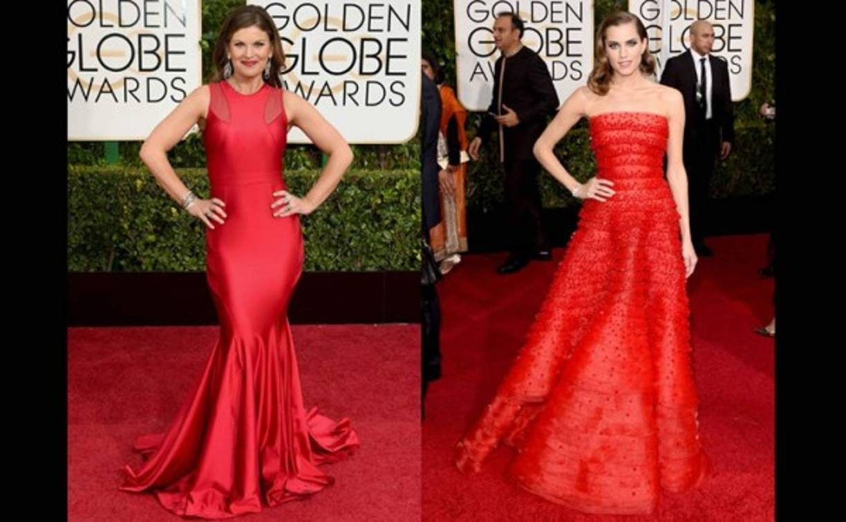 Kristin Dos Santos con un ajustado vestido rojo con transparencias que no favorecía nada a su figura y joyas de diamantes. En la otra imagen Allison Williams.