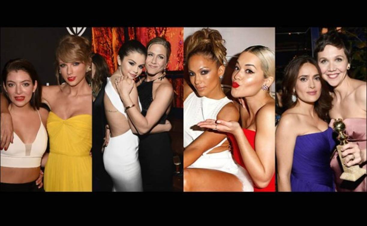 Lorde y Taylor Swift asistieron la fiesta de InStyle y Warner Bros. Jennifer Aniston arbraza a Selena Gómez. Jennifer López y Rita Ora. En la otra imagen Salma Hayek y Maggie Gyllenhaal.