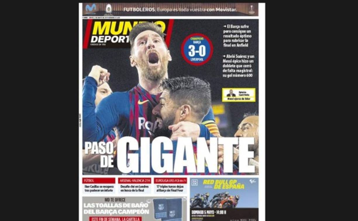 La feroz actuación de Lionel Messi ayer ante el Liverpool de Inglaterra por la Champions League desató la locura en los periódicos de todo el mundo, en especial los deportivos. Mundo Deportivo tituló 'Gigante' con la foto del astro celebrando uno de sus goles.