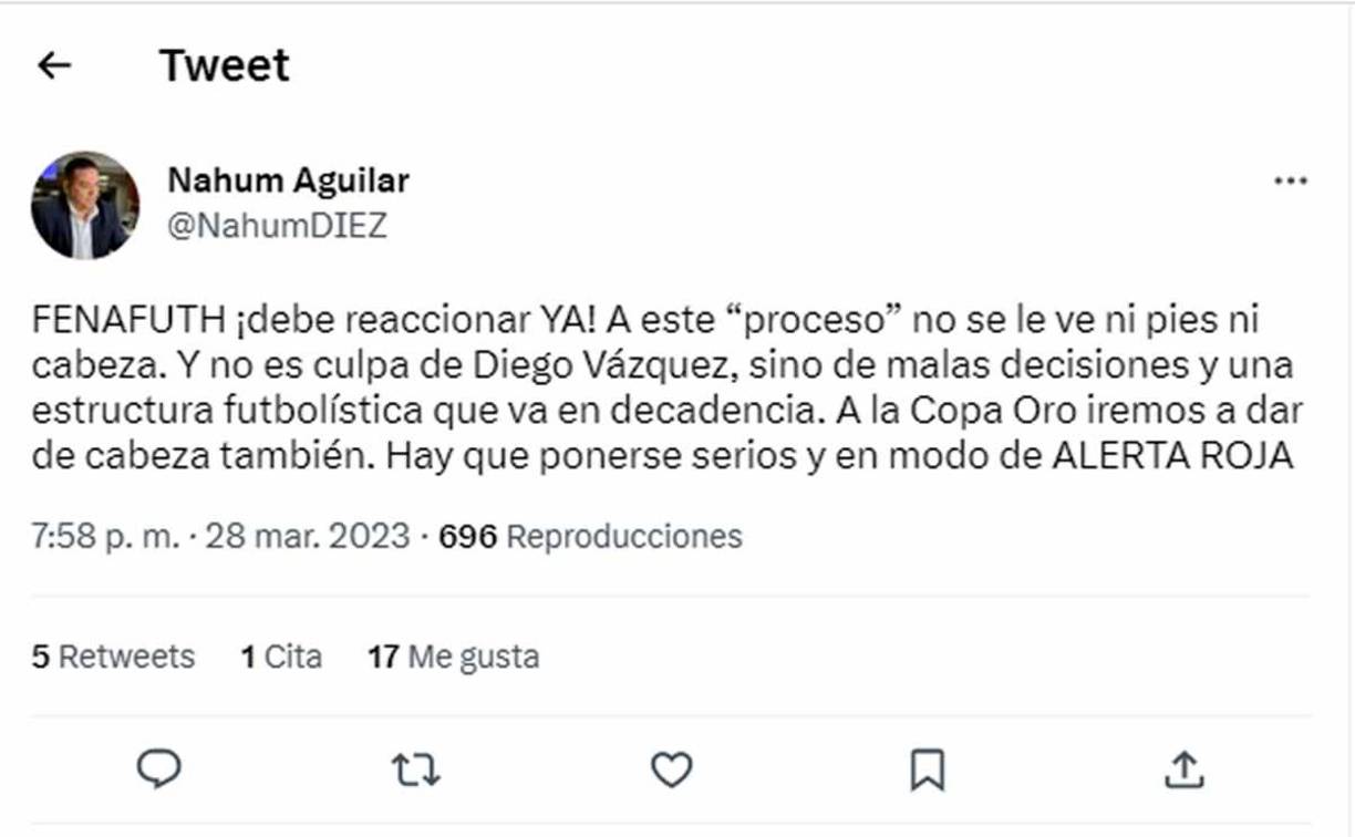 Nahum Aguilar, jefe de redacción de Diario Diez: “FENAFUTH ¡debe reaccionar YA! A este “proceso” no se le ve ni pies ni cabeza. Y no es culpa de Diego Vázquez, sino de malas decisiones y una estructura futbolística que va en decadencia. A la Copa Oro iremos a dar de cabeza también. Hay que ponerse serios y en modo de ALERTA ROJA”.