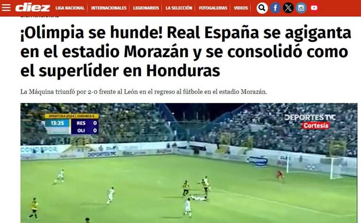 ”Olimpia se hunde”, dice la crónica de DIEZ sobre el triunfo de Real España en el estadio Morazán.