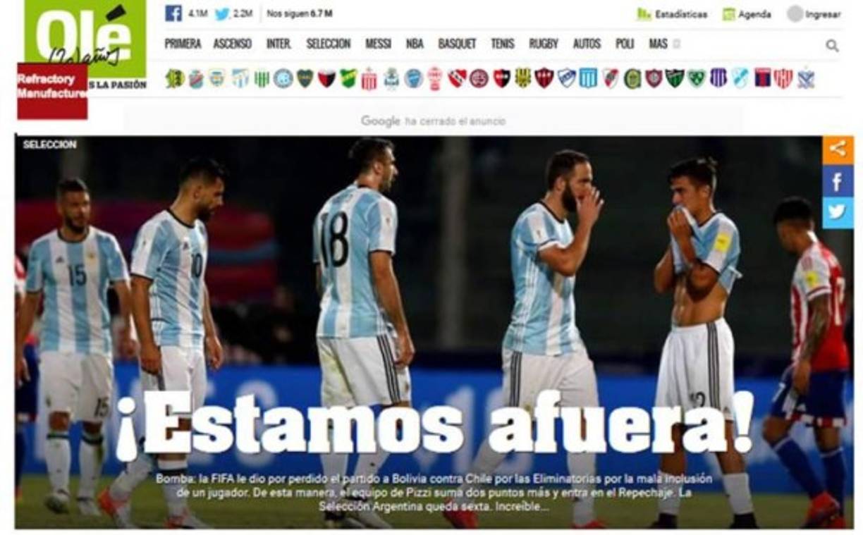 La prensa argentina reacciona dolida luego de que la FIFA quitara puntos a Bolivia por alineación indebida y se los diera a Chile y Perú, quedando Argentina en sexto lugar de la eliminatoria de la Conmebol. 'Estamos fuera', dice el diario Olé.
