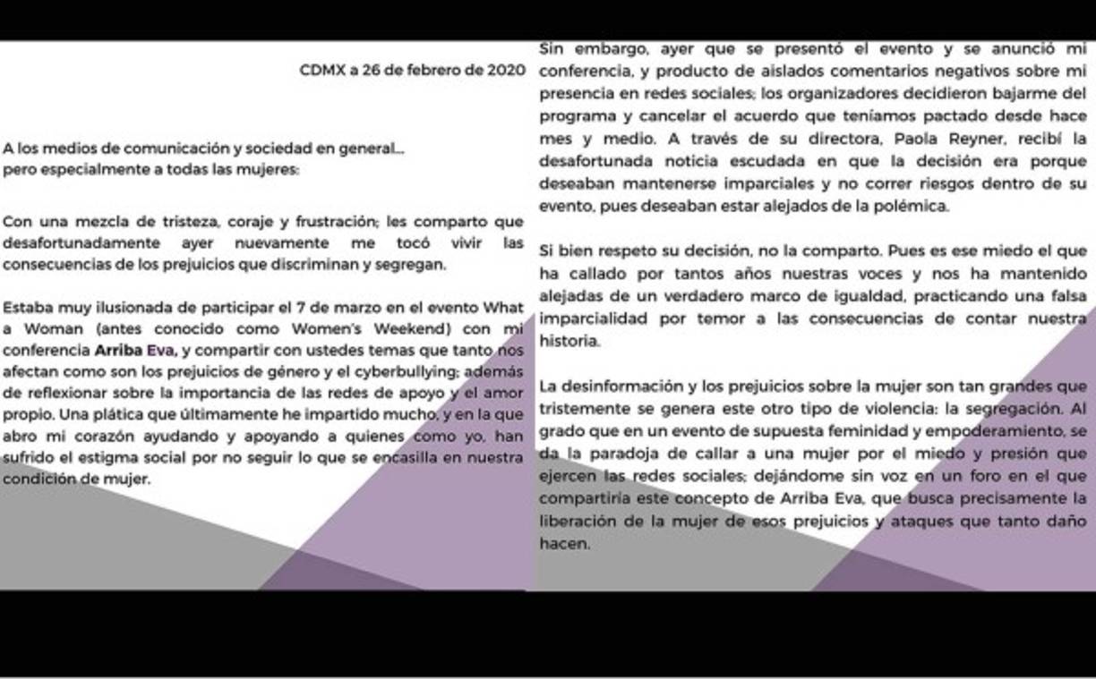 Según el comunicado emitido por Baeva, ella fue cancelada por su polémica relación y las críticas recibidas en las redes sociales, donde sigue teniendo un buen número de detractores debido a su escandaloso affair con Gabriel Soto.<br/>