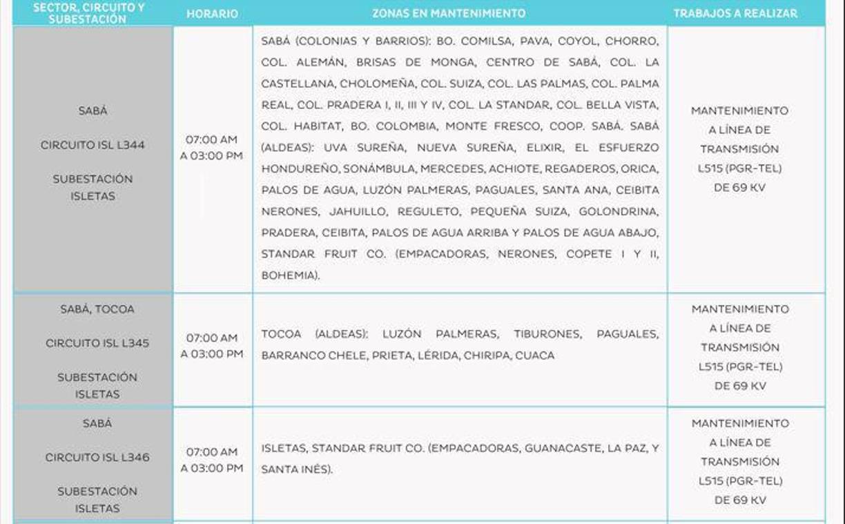 Zonas de Sabá sin luz este domingo entre 7:00 a. m. y 3:00 p. m. 