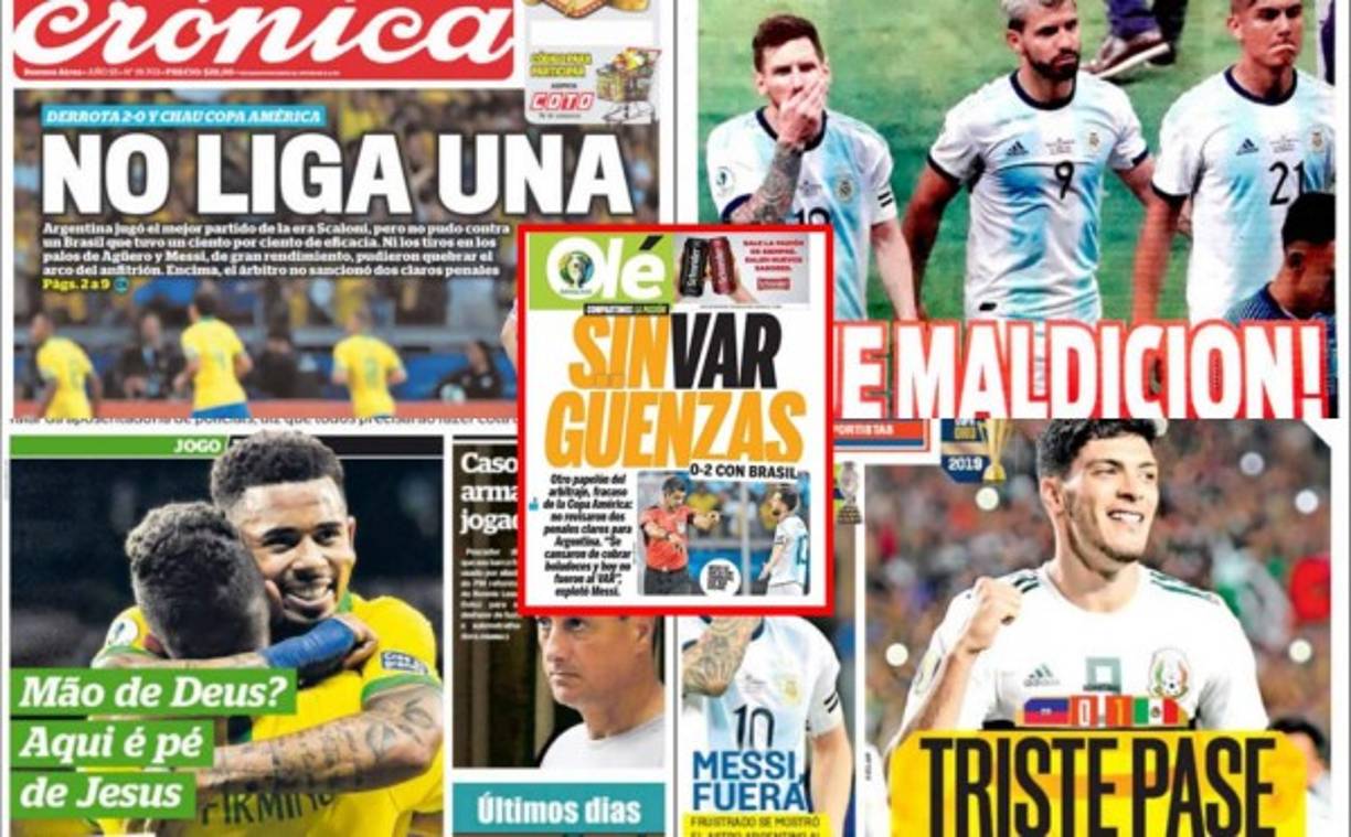 Las portadas en el mundo destacan la eliminación de la Argentina de Messi en semifinales de la Copa América tras perder con Brasil. También México es protagonista.