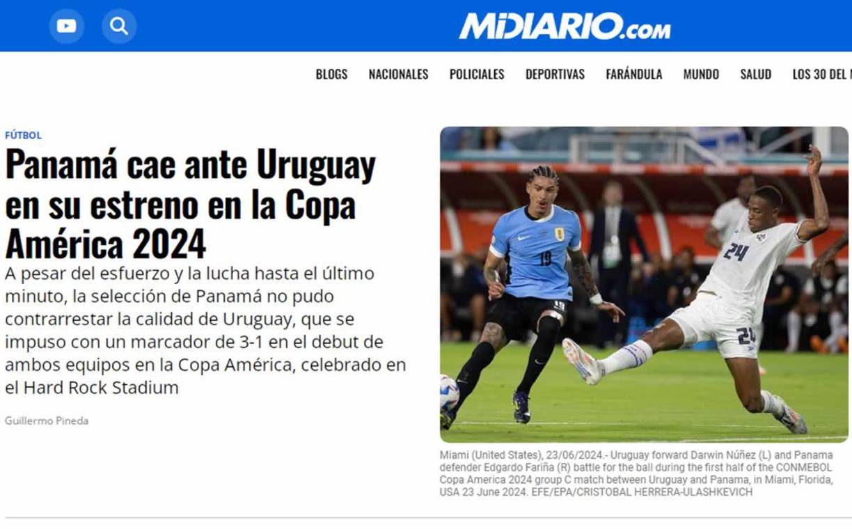 Mi Diario - “Panamá cae ante Uruguay en su estreno en la Copa América 2024”.