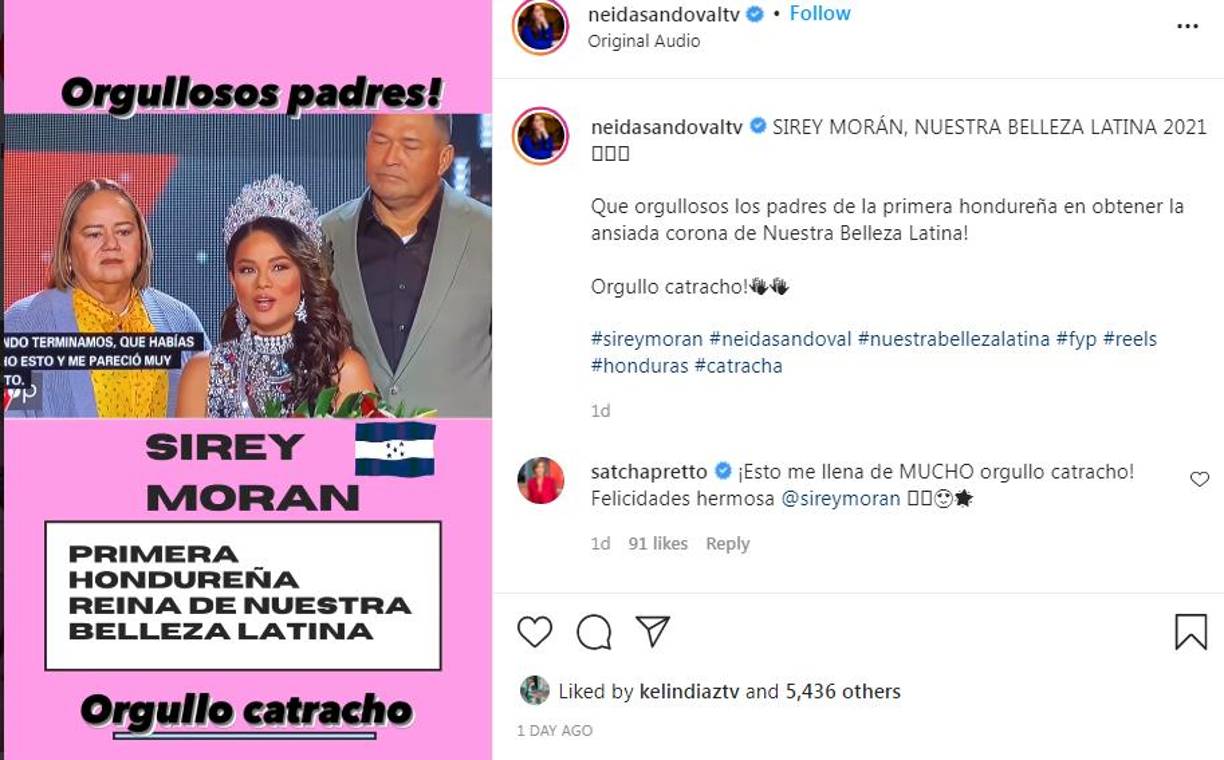 Sandoval dijo que Sirey había puesto en alto el nombre de Honduras tras llevarse la corona de Nuestra Belleza Latina.