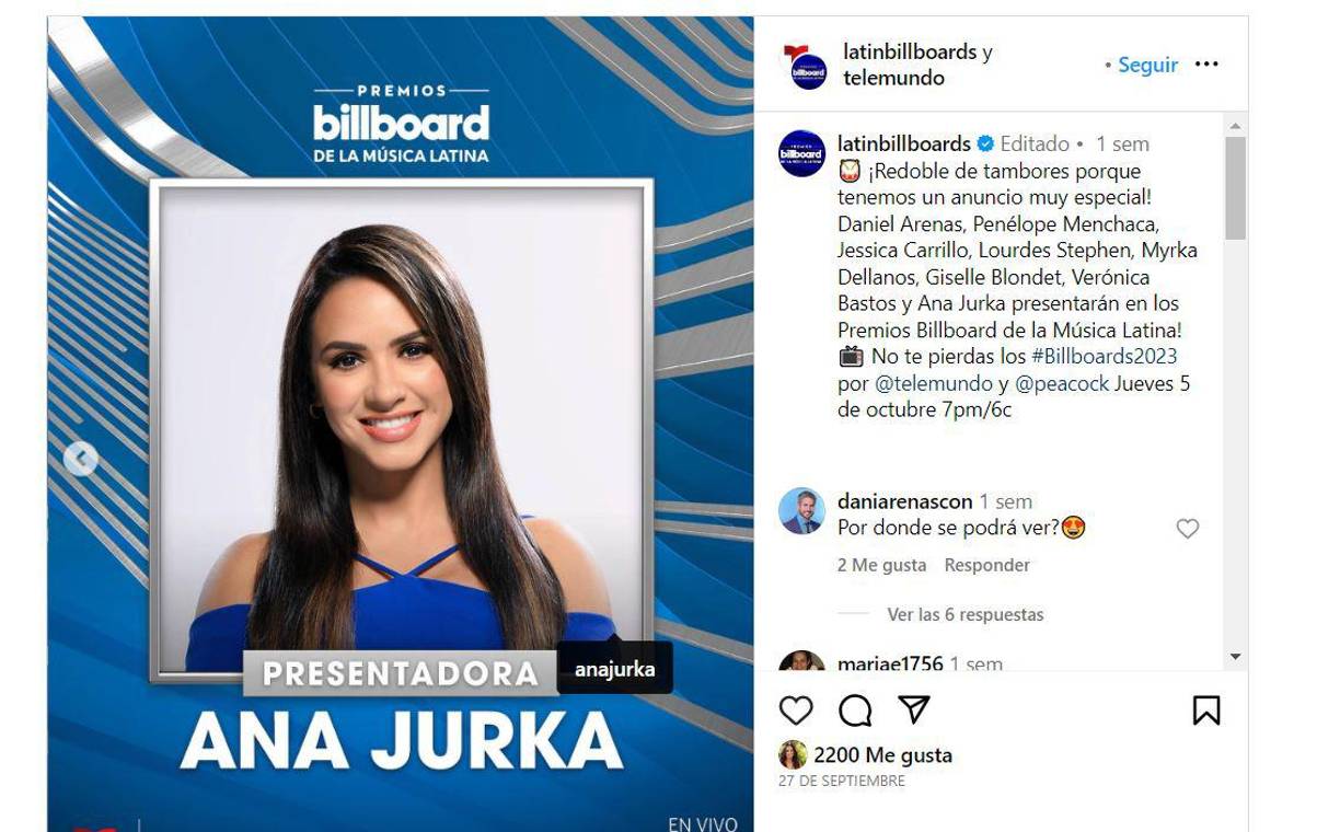 Y es que hace unos días se dio a conocer que Ana Jurka sería una de las presentadoras de los premios Billboard junto a sus colegas <b>Daniel Arenas, Penélope Menchaca, Jessica Carrillo, Lourdes Stephen, Myrka Dellanos, Giselle Blondet y Verónica Bastos. </b>