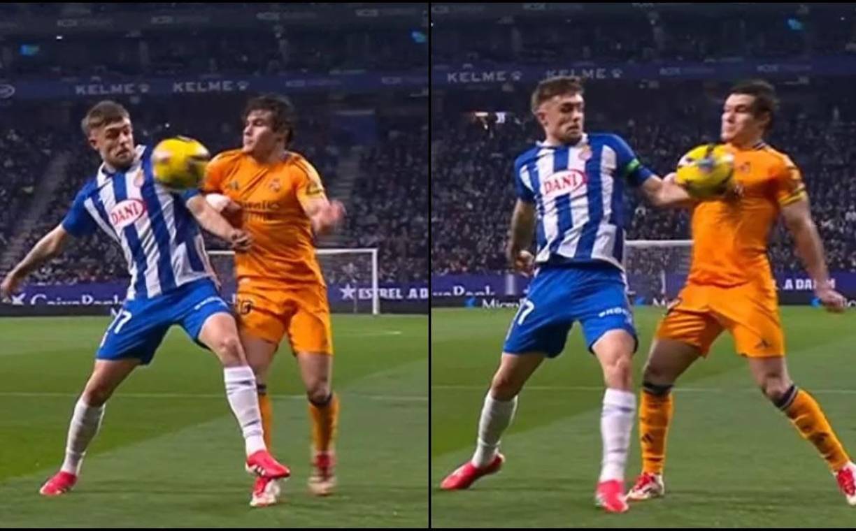 La primera polémica del partido. El VAR no avisó al árbitro de esta mano de Jofre en el área del Espanyol y el Real Madrid reclamó penal.
