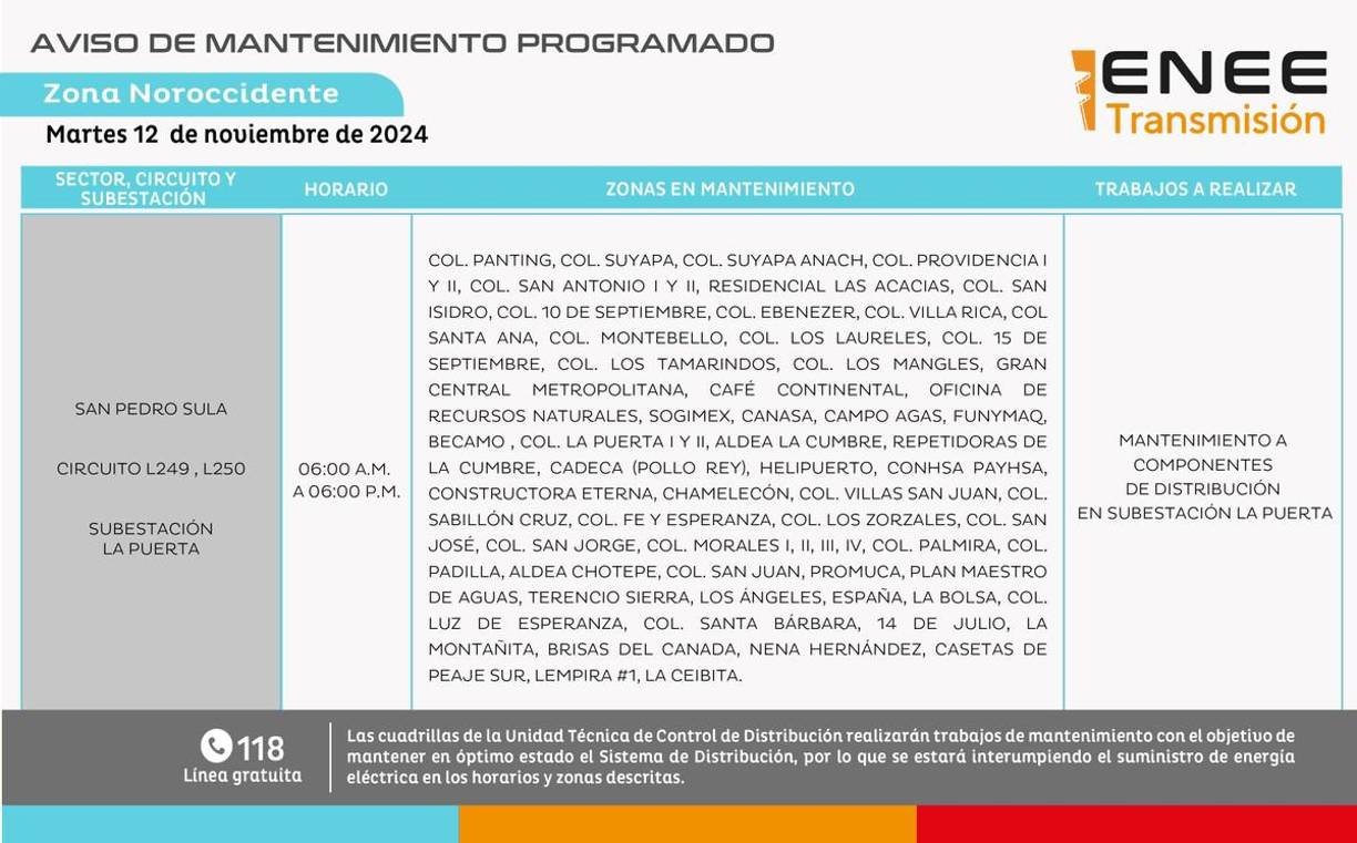 En San Pedro Sula, sectores de la parte sur de la ciudad se verán afectados por los cortes de luz programados por la Enee. 