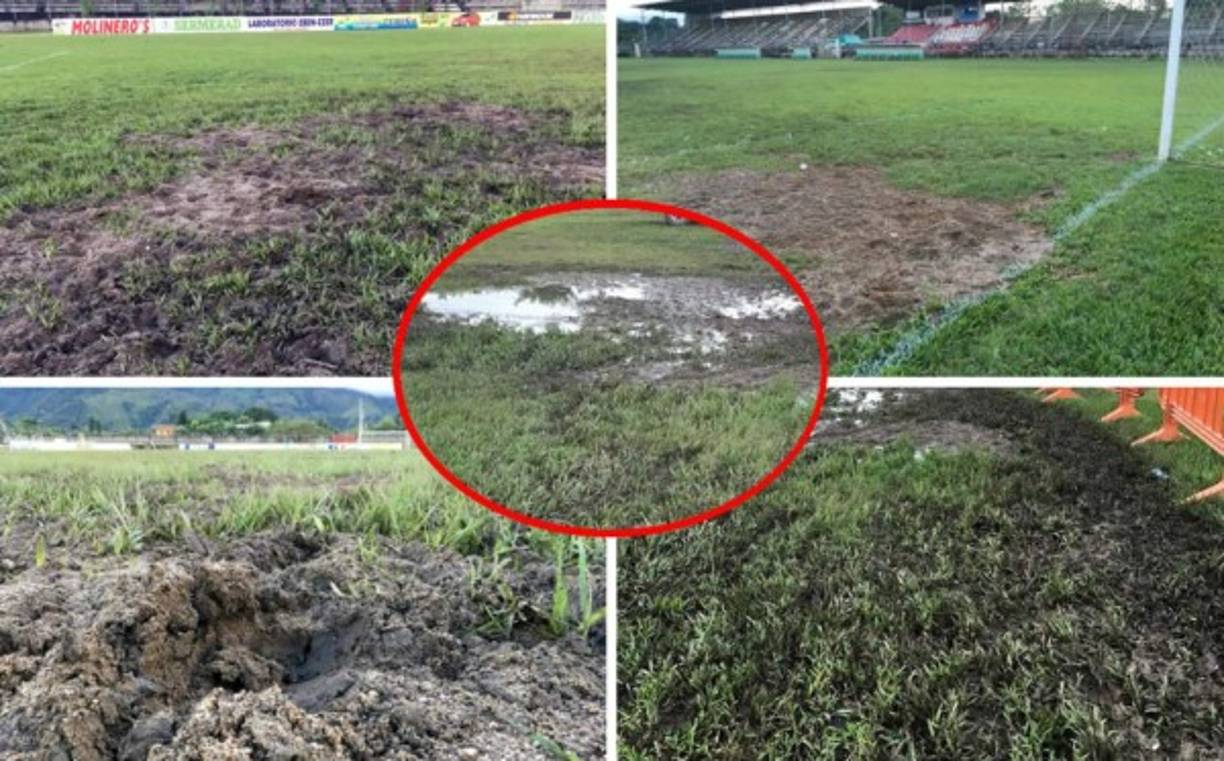 La cancha del estadio Francisco Martínez Durón de Tocoa luce en lamentables condiciones, como se pudo ver en el partido de la Real Sociedad contra el Honduras Progreso en la tercera jornada del Torneo Clausura 2018.