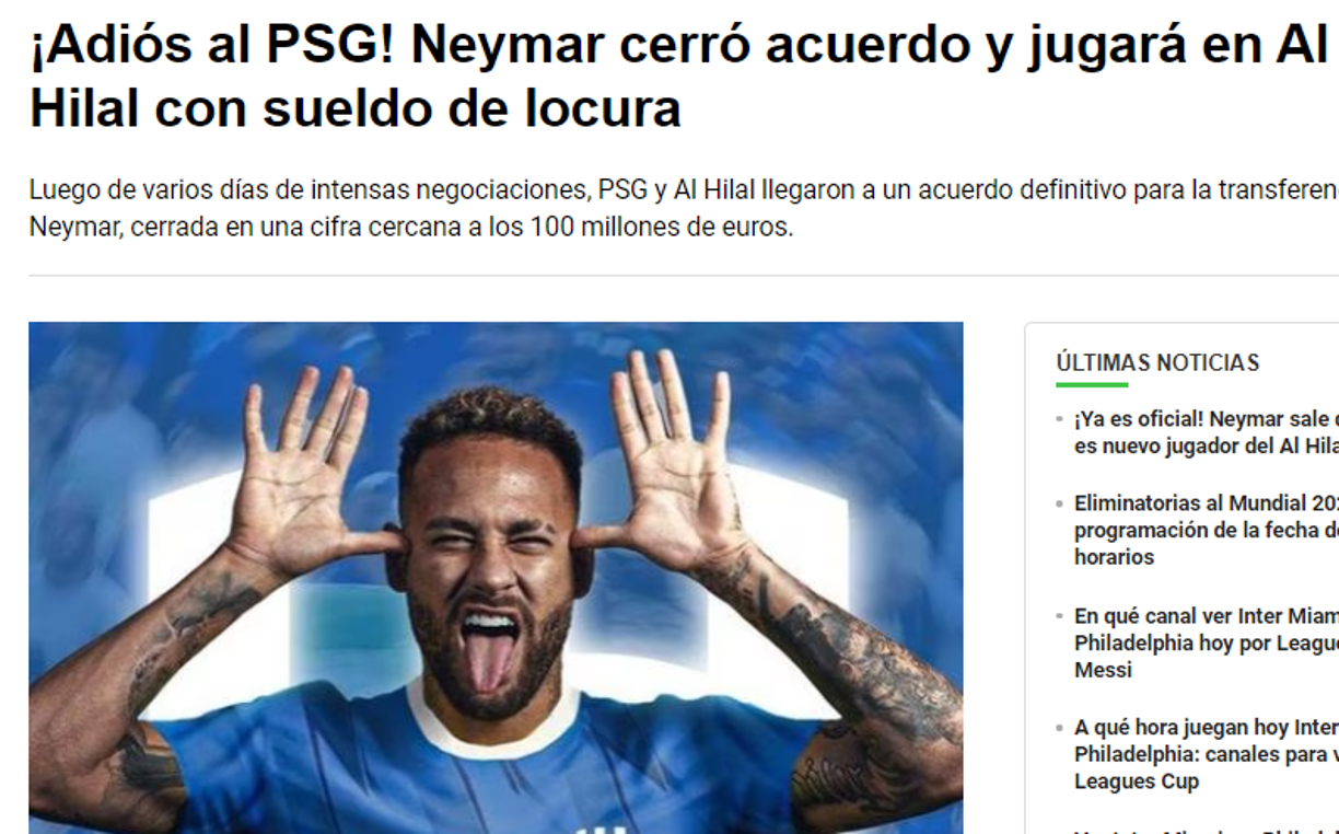 Depor: “¡Adiós al PSG! Neymar cerró el acuerdo y jugará en Al Hilal con un sueldo de locura”.