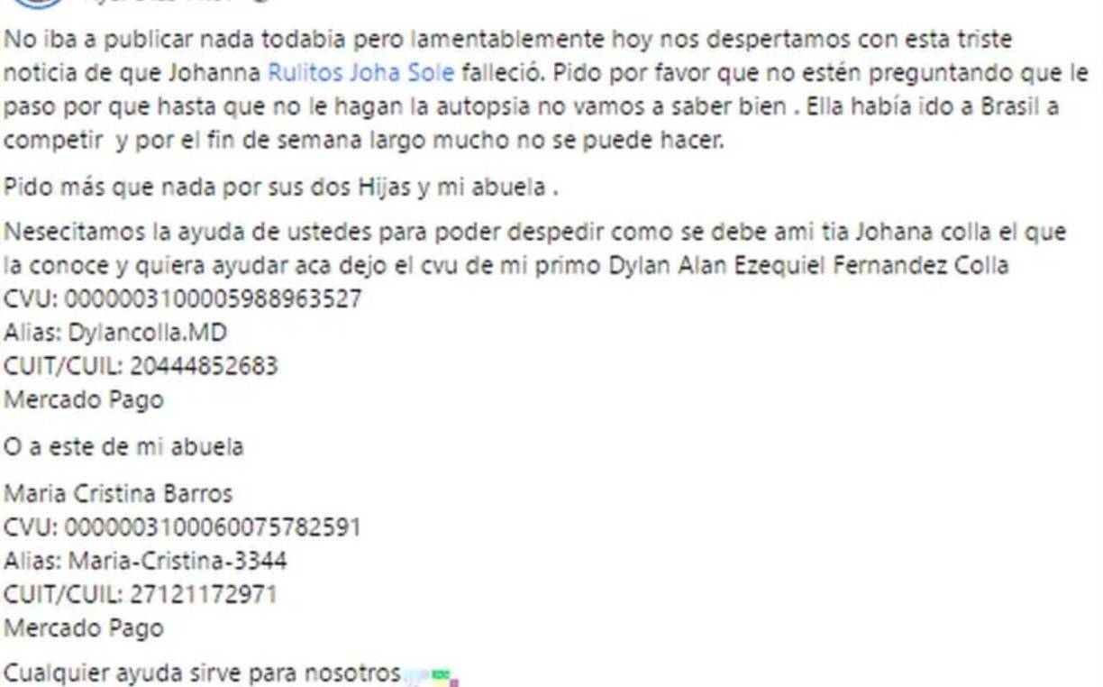 Este fue el mensaje en Facebook de la sobrina de Johana.