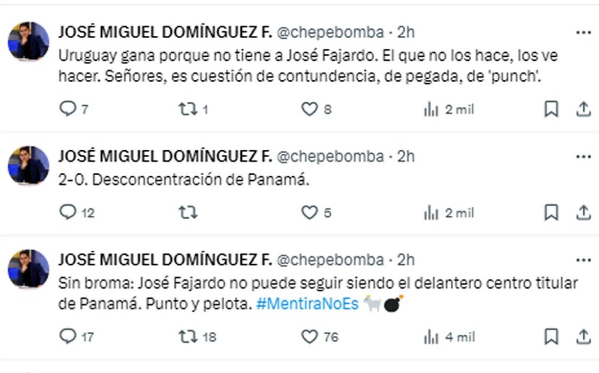 El periodista panameño José Miguel Domínguez, mejor conocido como ‘Chepe Bomba’, no la pasó bien en la derrota ante Uruguay y señaló a un jugador. “Sin broma: José Fajardo no puede seguir siendo el delantero centro titular de Panamá”.